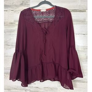 Altar'd State Women's S burgundy boho lace lightweight bell sleeve top blouse